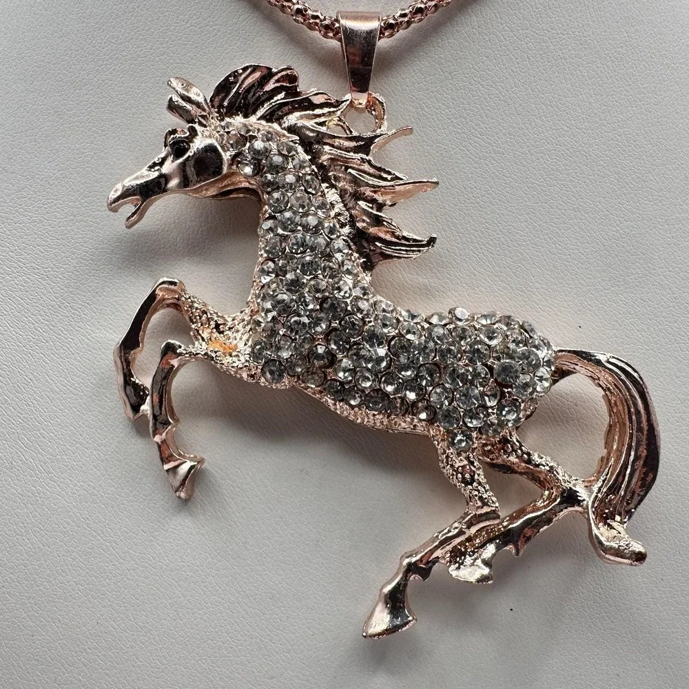 Vintage 90s Betsey Johnson Unicorn Necklace Rose Gold Tone Glass Pendant Jewelry